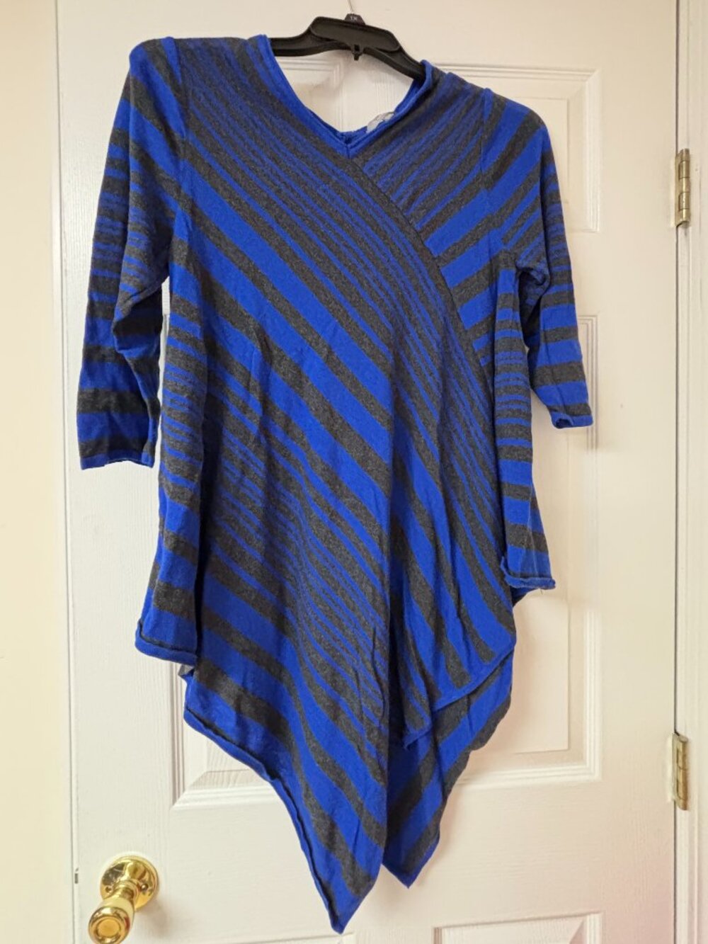 NY Collection Women's L Geometric Blue Black Stripes 3/4 Sleeves